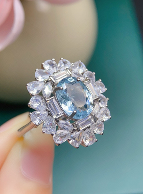 璀璨彩宝浅海蓝宝戒指开口可调节ins高级感小众设计气质百搭