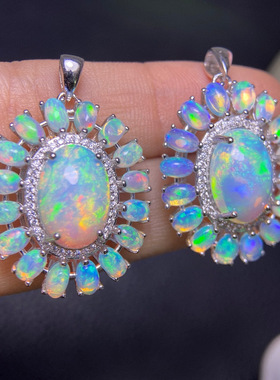 天然超美欧泊吊坠925银精工镶嵌，主石10*14、3*5mm 天然欧泊