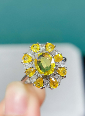 天然黄蓝宝戒指 晶体全净火彩爆闪S925银精工镶嵌，3*4mm 6*8mm