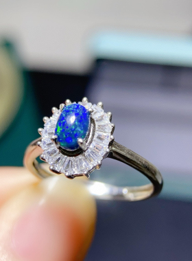 天然炫彩黑欧泊戒指都是满满的火彩大主石4*6mm 925纯银指圈活口