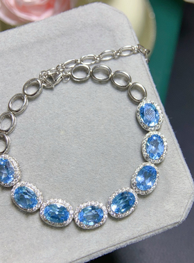 天然瑞士蓝蓝托帕石手链全净体品质火彩超赞5*7mm925银精工镶嵌