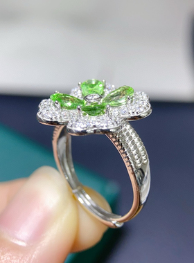 轻奢华丽款天然沙弗来戒指镶嵌宝石首饰时尚花朵彩宝戒指