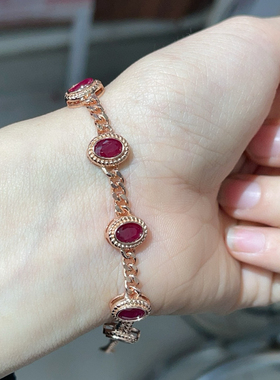 银镀18K金红宝石手链天然鸽血红宝石全链手饰红色裸石定制