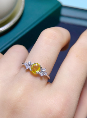 纯天然黄蓝宝戒指超粉嫩晶体通透5A级宝石尺寸5*6mm925银精工镶嵌