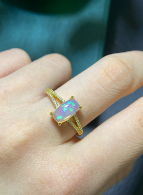 超大颗粒天然欧泊戒指女火彩爆闪925银镶嵌宝石干净透体颜色好