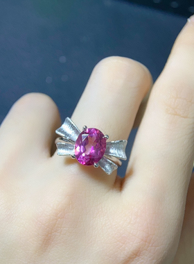 时尚蝴蝶结款椭圆天然粉托帕石戒指主石8*10s925纯银饰品重叠口