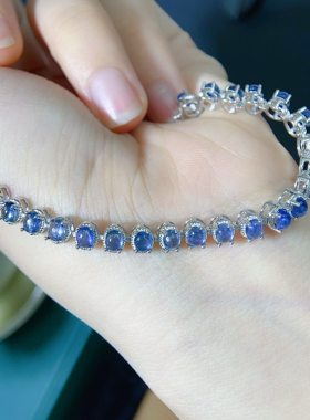 纯天然斯里兰卡蓝宝石手链主石3*4mm 颜色美晶体好火彩满