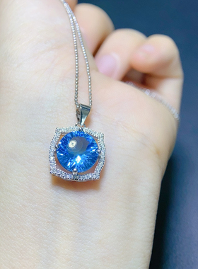 纯天然瑞士蓝蓝托帕石吊坠全净体品质10*10mm925银精工镶嵌