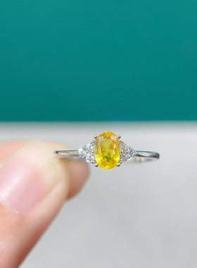 天然黄蓝宝戒指女s925纯银新韩版原石镀铂金百搭网指环