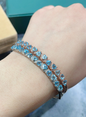 天然托帕石正色霓虹蓝手链银镀18k金色奢华镶嵌爱心裸石尺寸4mm