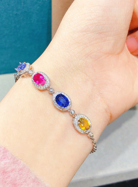 S925银镶嵌天然彩色蓝宝石手链配镶锆石椭圆形蓝宝石空托镶嵌定制