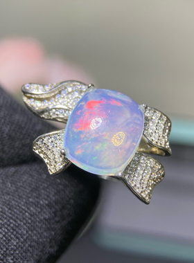 轻度风情馆  设计师苍岭绿高级感花朵满天然欧泊戒指开口可调节