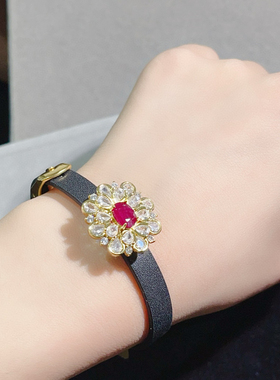 奢华重工镶钻天然红宝石手表带高级感腕带皮手链贝珠首饰女