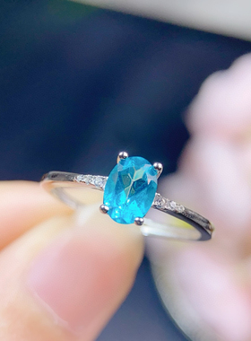 帕拉伊巴色托帕石戒指主石5*6mm全净体品质火彩超赞925银精工镶嵌