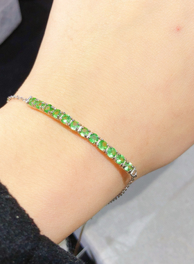 天然宝石沙弗来手链s925银镀玫瑰金镶嵌女款绿色石榴石绿宝石