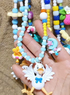 新款彩色串珠项链卡通鸭子duck小白鹅个性颈链毛衣链少女跨境