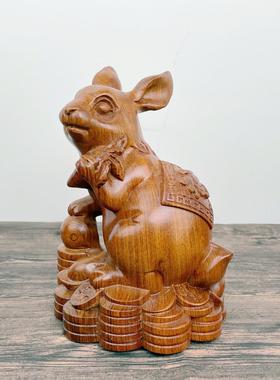 花梨12生肖兔兔实木雕刻十二生肖动物兔子木质家居工艺装饰摆件