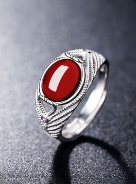 镀白金色仿翡翠玛瑙戒指女款绿红宝石开口复古潮人玉指环生日礼物