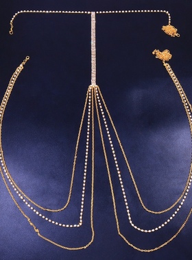 欧美多层连颈腰链连体配饰水钻