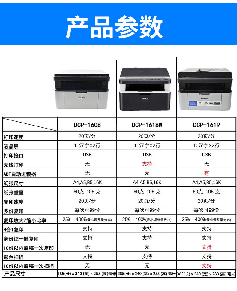 兄弟1618W无线网络/DCP-1608激光打印机家用打印复印扫描三合一 - 图2