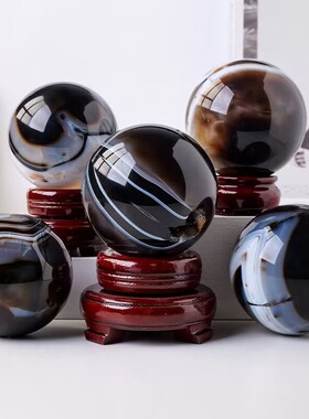 天然黑白条纹玛瑙水晶球摆件原石