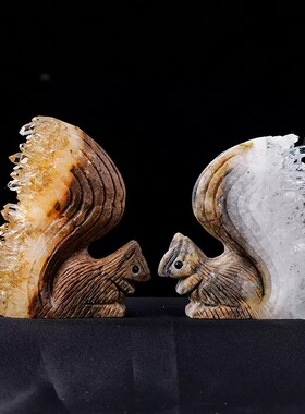 天然黄白水晶晶簇松鼠摆件水晶原石矿标工艺品家居客厅柜台装饰品