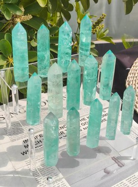 天然绿萤石水晶柱摆件原石打磨
