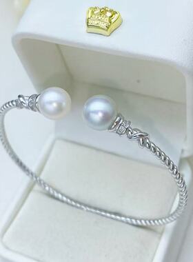 DIY配件天然珍珠S925纯银K金工艺麻花双珠手镯空托搭配8-12mm圆椭