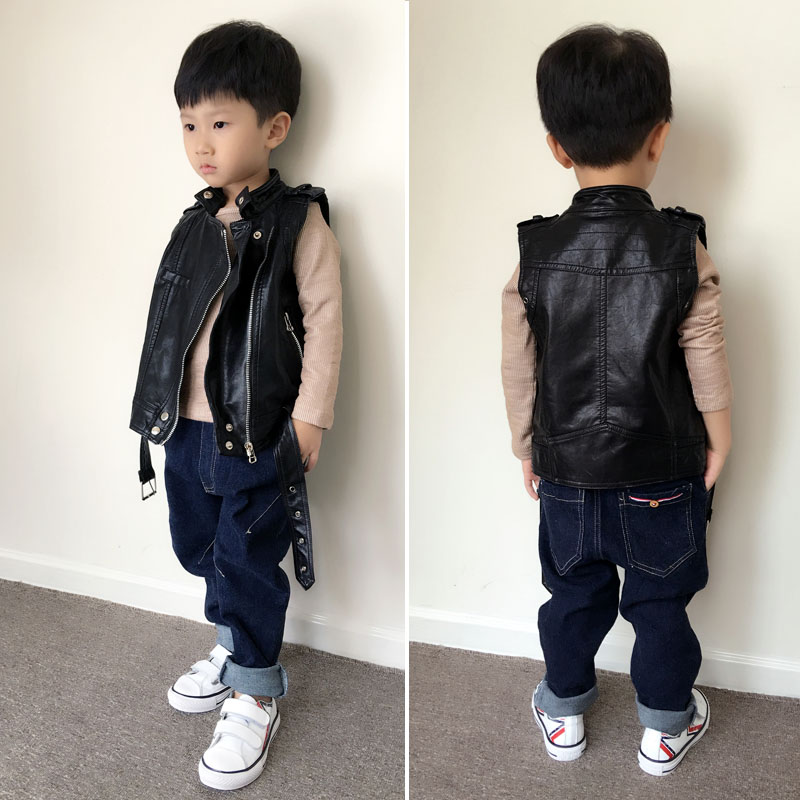韓國童裝男童PU皮馬甲春秋裝韓版兒童百搭立領機車服皮衣背心潮