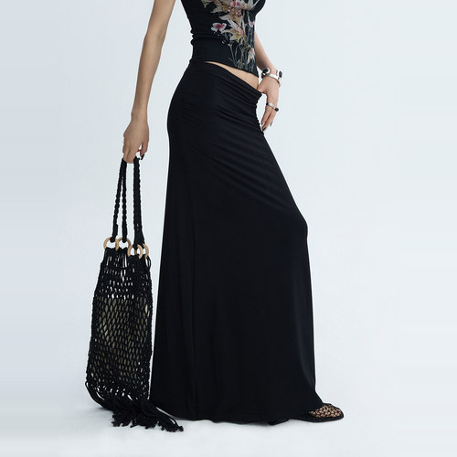 ourhour 前片抽褶 黑色极简无腰设计垂感半身长裙 女夏设计感薄裙 - 图1