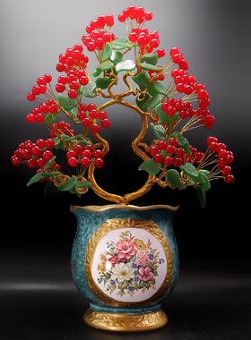 天然水晶黄玉髓红玉髓《金枝玉叶》招财树发财树摆件