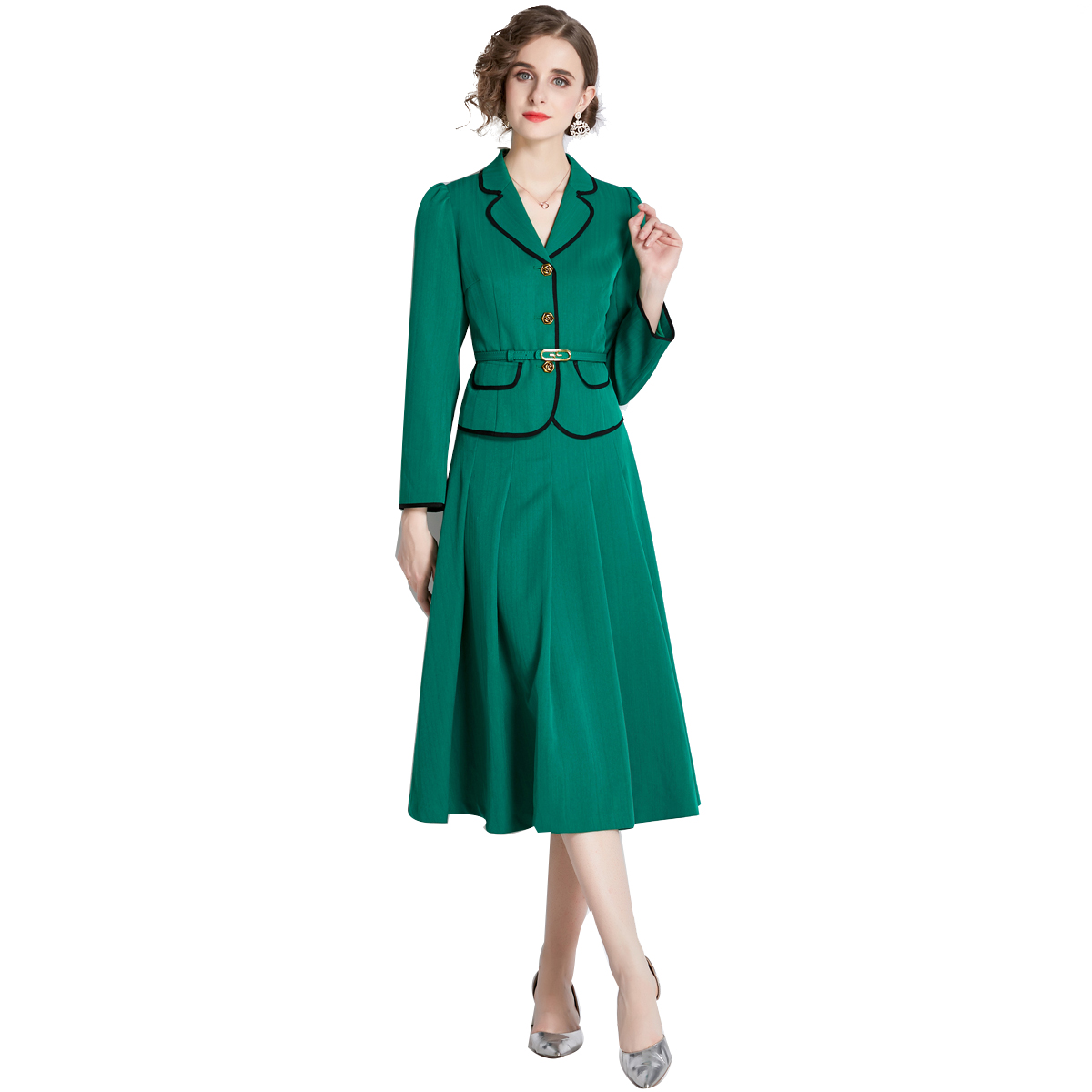 港风套装女复古chic时尚法式小香风西装外套绿色百褶半身裙两件套 - 图3