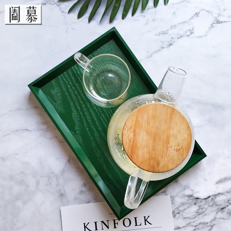 阖慕北欧ins复古绿色木质托盘长方形酒店木盘简约茶盘家用放杯子,淘宝优惠券,粉丝福利购,淘宝优惠卷