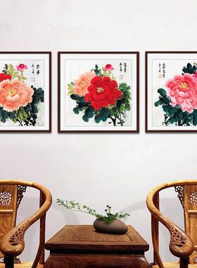 富贵牡丹花鸟国画纯手绘客厅中式装饰壁画沙发背景墙三联餐厅挂画