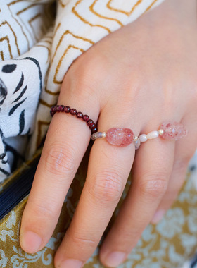 天然碧玺貔貅戒指淡水珍珠石榴石水晶弹力好运桃花来气质戒指