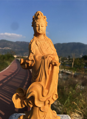 小叶黄杨木雕滴水净瓶观音菩萨佛像实木雕刻古典家居装饰摆件