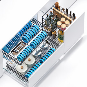 樱花拉篮厨房橱柜304不锈钢双层抽屉式碗架调味篮厨柜调料碗蓝