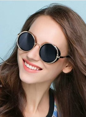 重金属圆形复古黑色墨镜女太阳镜男街拍凹造型痞帅圆框眼镜防嗮