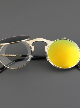 双层翻盖墨镜潮男士复古金属圆形圆框太阳镜朋克个性舞台演出潮