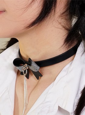 诊疗师手工定制 流苏蝴蝶结真皮choker颈环女项圈锁骨链男小众圈