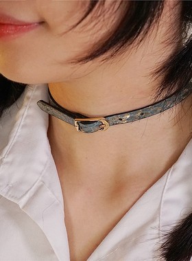 诊疗师手工定制 雾蓝洒金真皮项圈女颈环choker简约刻字情侣高级