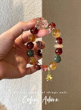 【圣诞福音】天然黑金超七绿发晶红胶花水晶手串女圣诞新年手链
