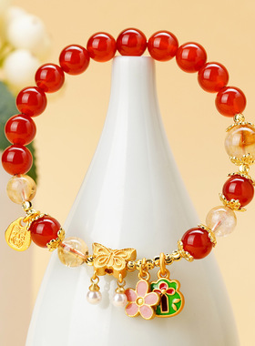 天然红玛瑙黄塔晶蝴蝶手链原创女士本命年红色爆款热销新文创手串