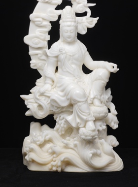 现货1尊水月观音菩萨摆件佛像汉白玉观音雕刻工艺品家居玄关装饰