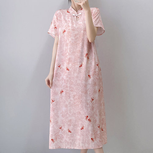 新中式国风睡裙女夏季薄款棉绸宽松大码可外穿中长裙旗袍款家居服 - 图3