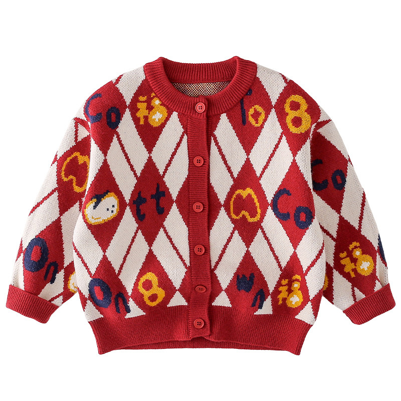 棉花堂男童开衫毛衣秋冬新款拜年服儿童红色菱形格针织外套抗静电,淘宝优惠券,粉丝福利购,淘宝优惠卷