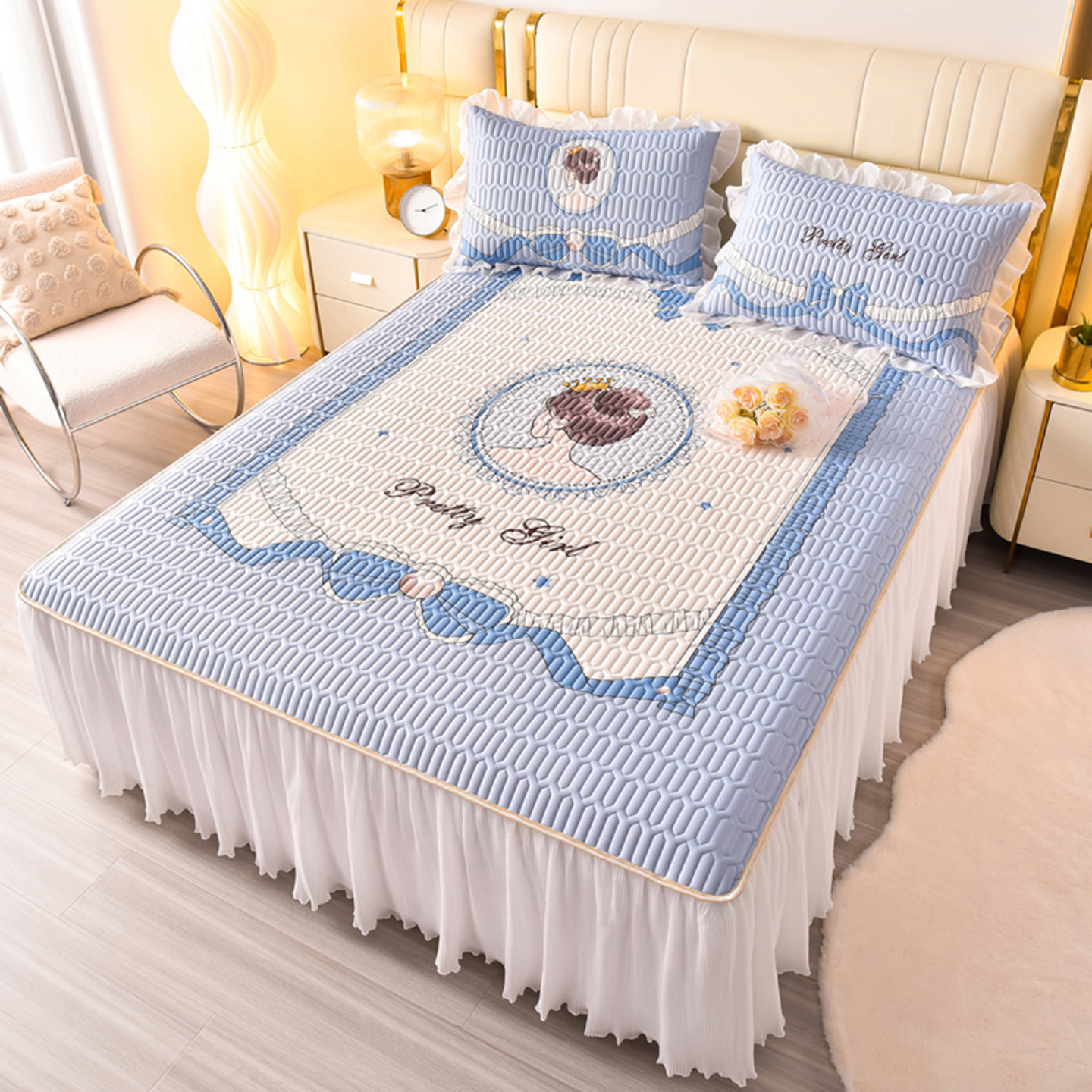 夏季印花床裙乳胶冰丝凉席三件套公主风床单空调床垫席子水洗折叠,淘宝优惠券,粉丝福利购,淘宝优惠卷