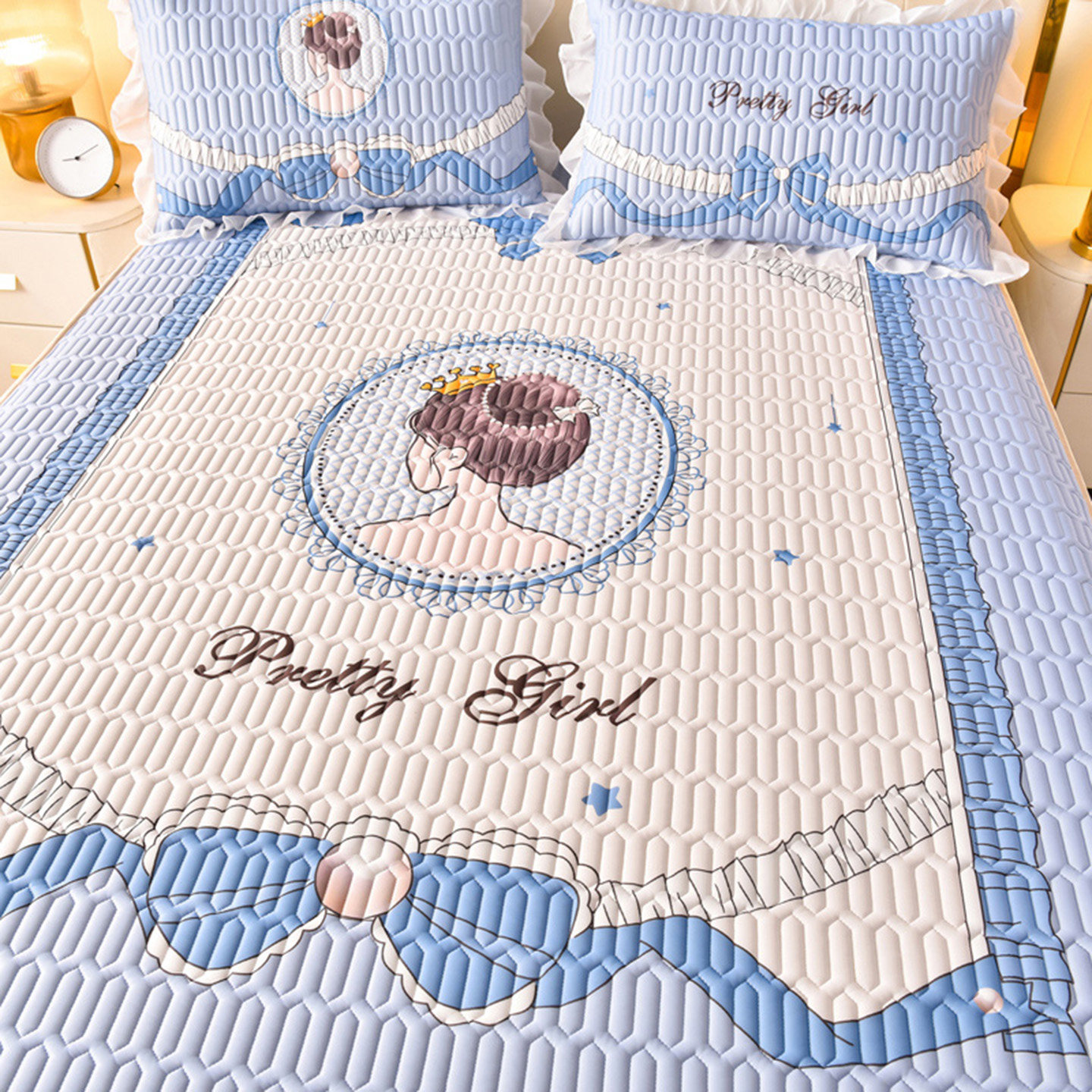 夏季印花床裙乳胶冰丝凉席三件套公主风床单空调床垫席子水洗折叠,淘宝优惠券,粉丝福利购,淘宝优惠卷