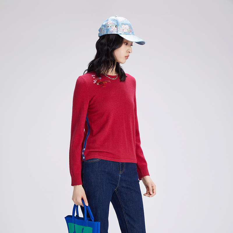 渔上衣女2024新款秋冬羊毛内穿外搭拼接撞色休闲针织毛衫FGGD1006 - 图0