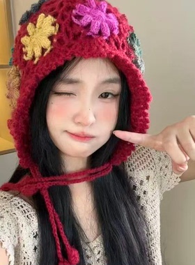 秋冬彩色民族风镂空花朵针织帽女